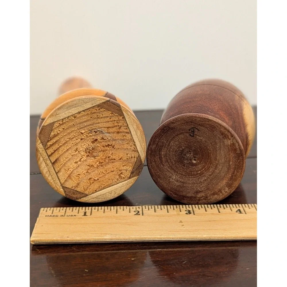 Vintage Hand Turned Wood Bud Vases MCM Inlaid Geometric Small Wood Vase 2pc